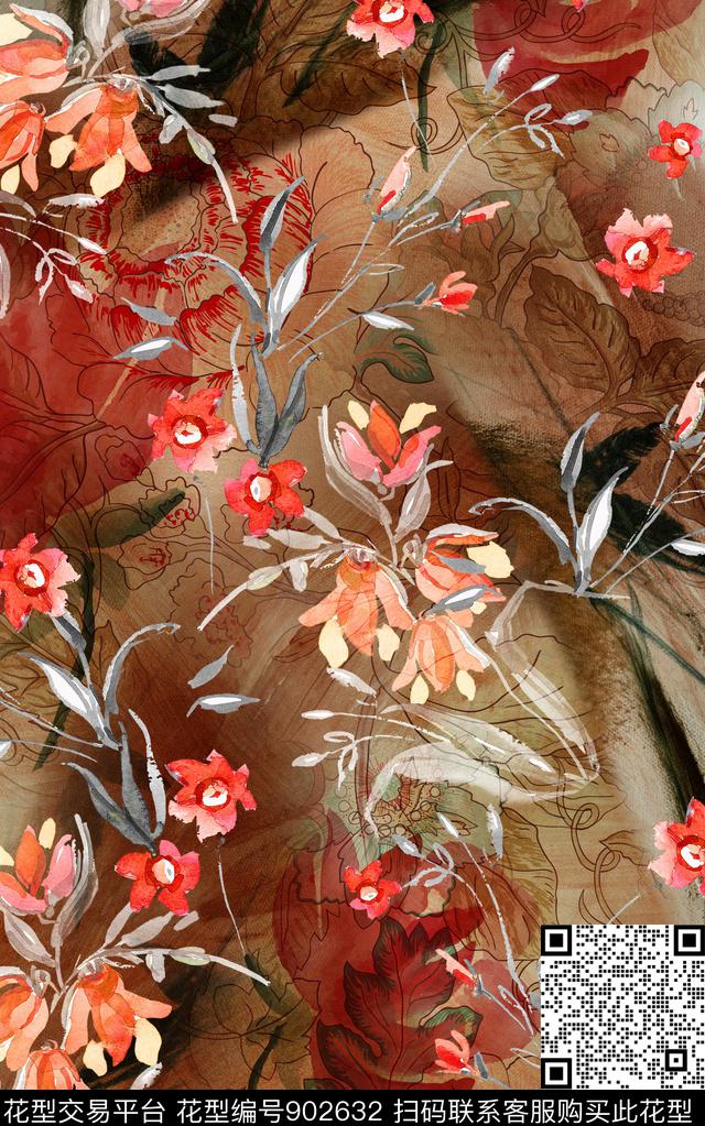 手绘大花花卉数码印花华亿平台下载（图片编号: 902632） - 瓦栏（Walan）