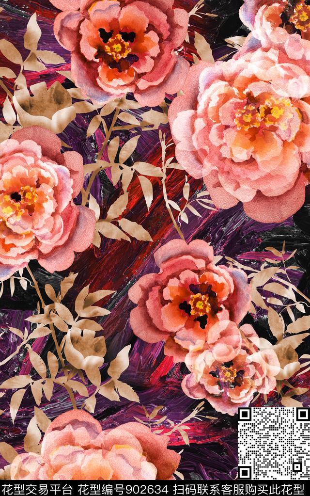大花手绘大花花卉数码印花华亿平台下载（图片编号: 902634） - 瓦栏（Walan）