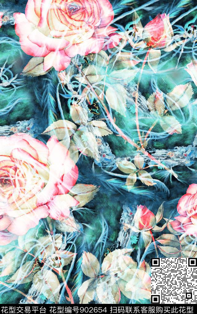 大花手绘大花花卉数码印花华亿平台下载（图片编号: 902654） - 瓦栏（Walan）