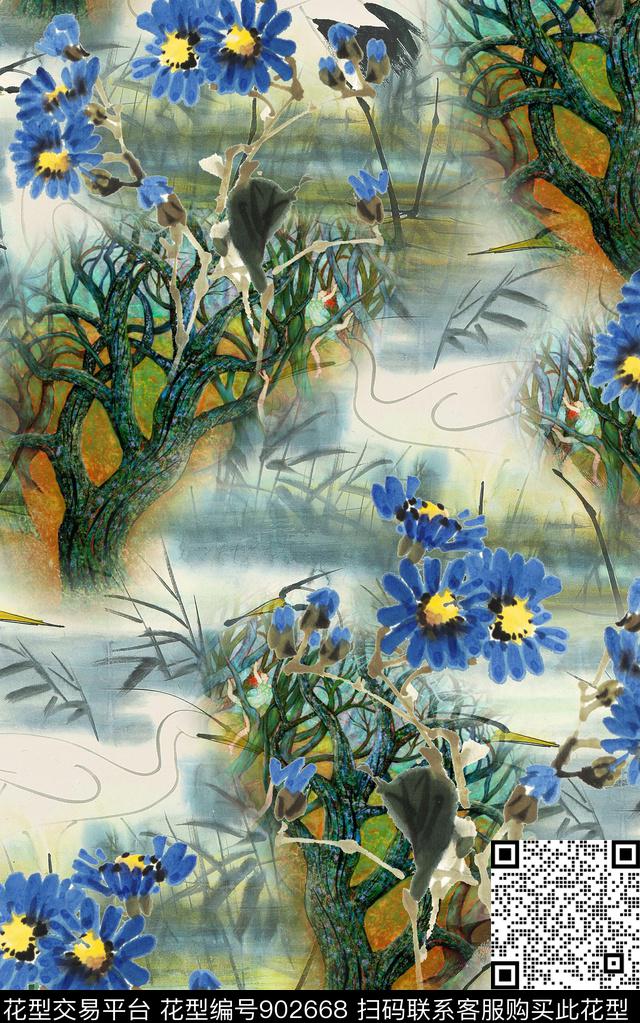 中国风水彩花卉数码印花华亿平台下载（图片编号: 902668） - 瓦栏（Walan）