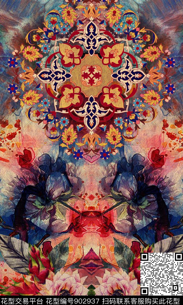 民族风肌理对称花数码印花华亿平台下载（图片编号: 902937） - 瓦栏（Walan）