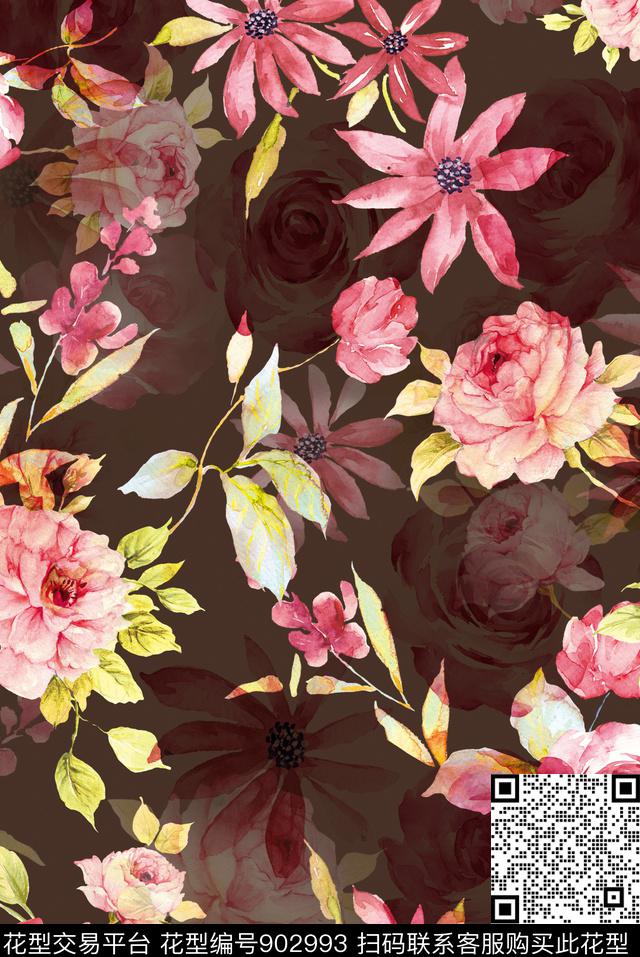 花卉手绘花卉男装满版花数码印花华亿平台下载（图片编号: 902993） - 瓦栏（Walan）
