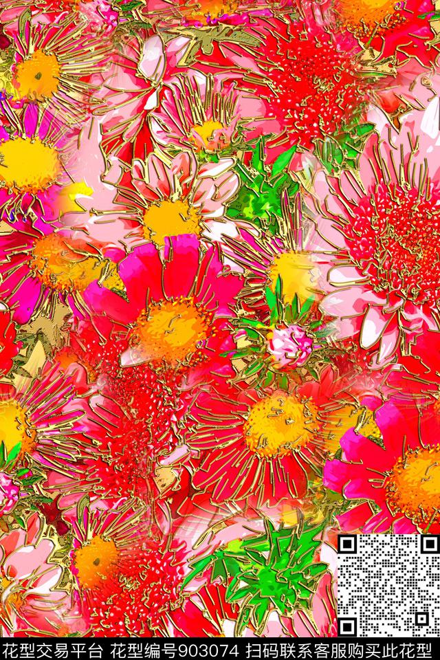手绘大花花卉大牌风数码印花华亿平台下载（图片编号: 903074） - 瓦栏（Walan）