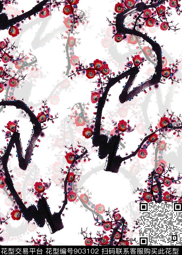 女装梅花水墨风数码印花华亿平台下载（图片编号: 903102） - 瓦栏（Walan）
