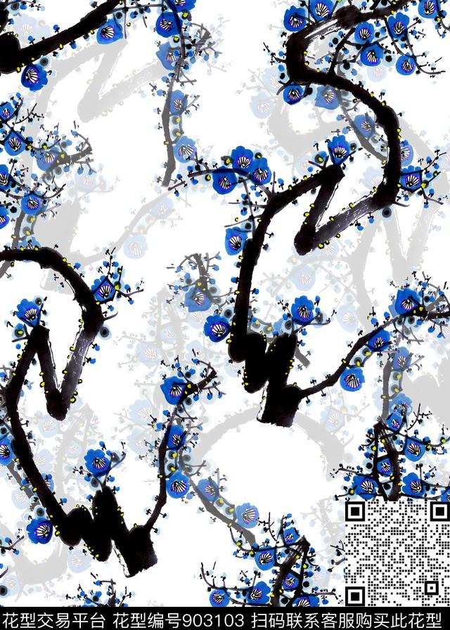 女装梅花水墨风数码印花华亿平台下载（图片编号: 903103） - 瓦栏（Walan）