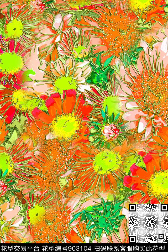 手绘大花花卉大牌风数码印花华亿平台下载（图片编号: 903104） - 瓦栏（Walan）