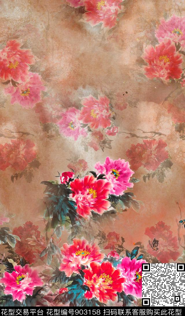 中国风定位花牡丹中国风数码印花华亿平台下载（图片编号: 903158） - 瓦栏（Walan）