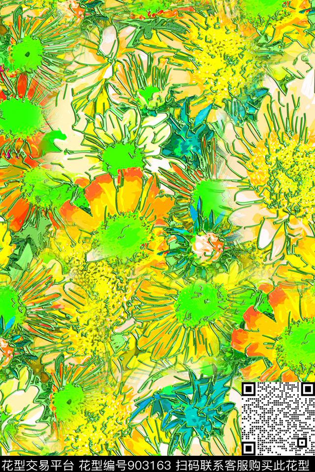 手绘大花花卉大牌风数码印花华亿平台下载（图片编号: 903163） - 瓦栏（Walan）