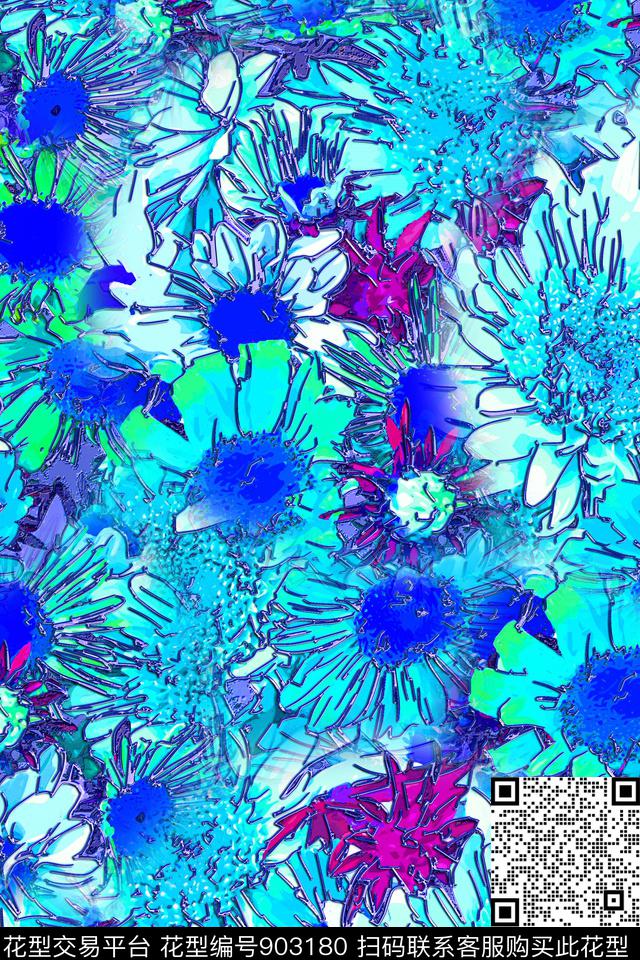 手绘大花花卉大牌风数码印花华亿平台下载（图片编号: 903180） - 瓦栏（Walan）
