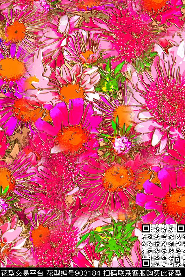 手绘大花花卉大牌风数码印花华亿平台下载（图片编号: 903184） - 瓦栏（Walan）