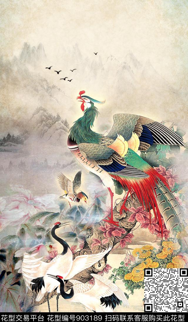 中国风定位花中国风仙鹤数码印花华亿平台下载（图片编号: 903189） - 瓦栏（Walan）