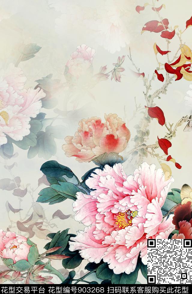 中国风大花定位花数码印花华亿平台下载（图片编号: 903268） - 瓦栏（Walan）