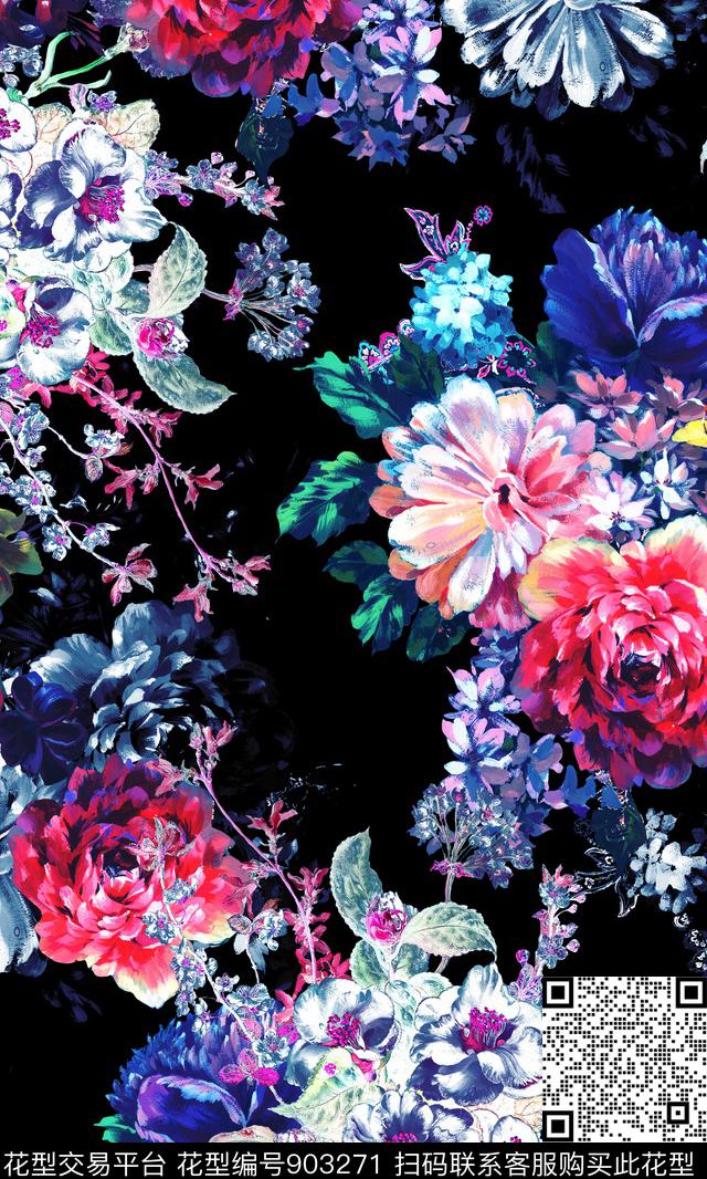 大花花卉手绘花卉数码印花华亿平台下载（图片编号: 903271） - 瓦栏（Walan）