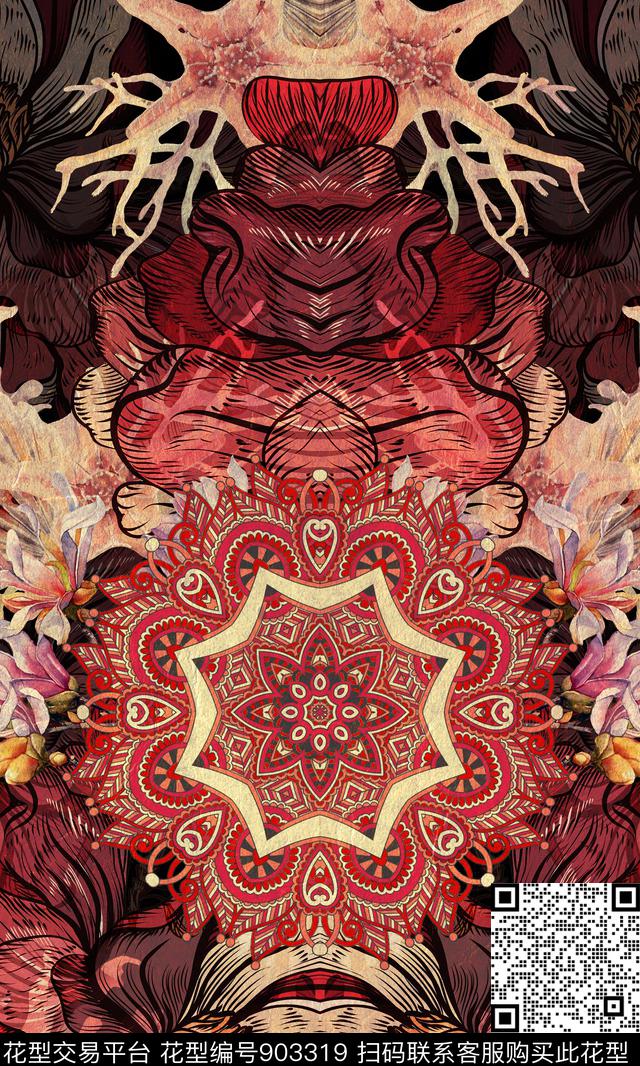 民族风定位花对称花数码印花华亿平台下载（图片编号: 903319） - 瓦栏（Walan）