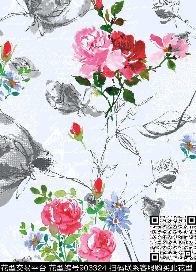 简约手绘花卉素雅传统印花华亿平台下载（图片编号: 903324） - 瓦栏（Walan）