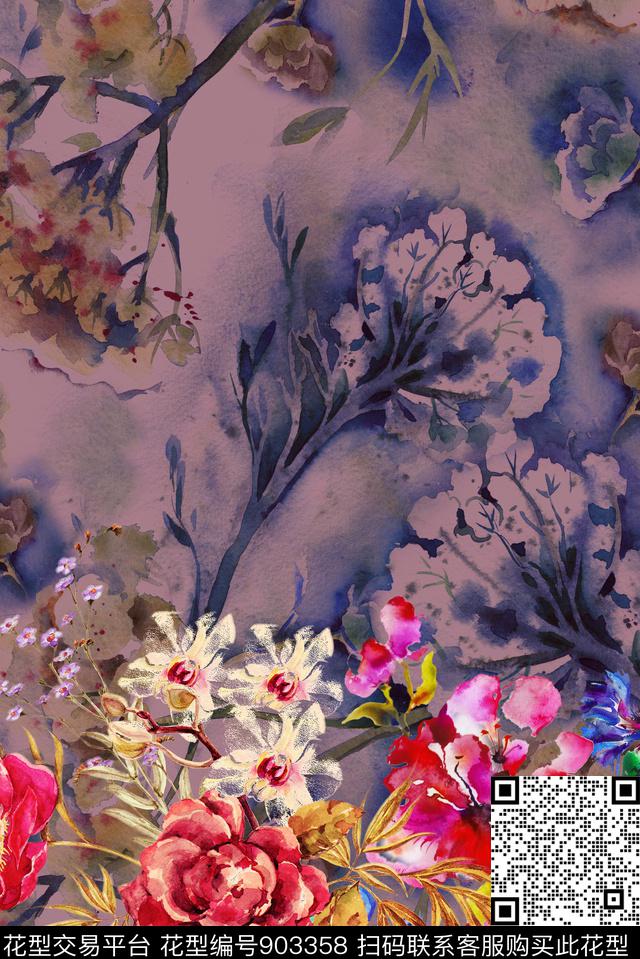 大花花卉定位花数码印花华亿平台下载（图片编号: 903358） - 瓦栏（Walan）