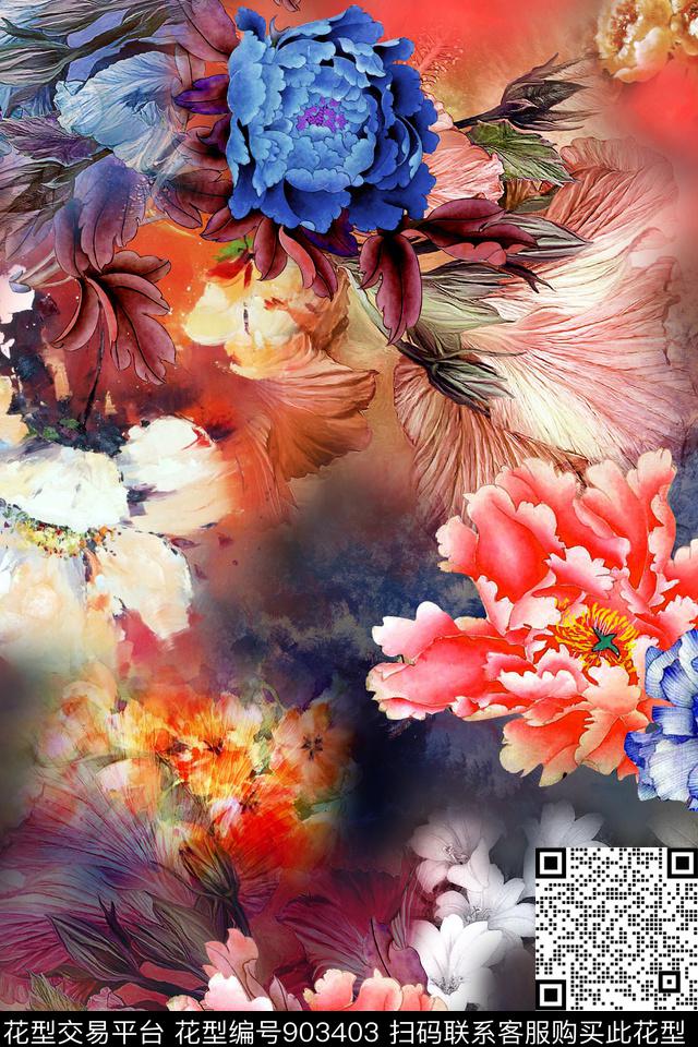 中国风旗袍牡丹数码印花华亿平台下载（图片编号: 903403） - 瓦栏（Walan）