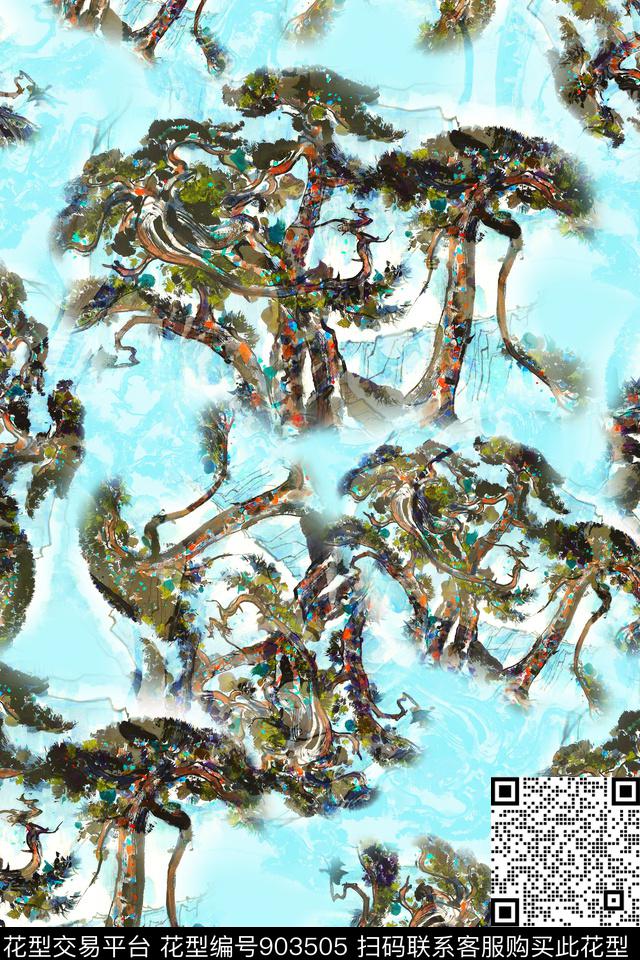 水墨风树数码印花华亿平台下载（图片编号: 903505） - 瓦栏（Walan）