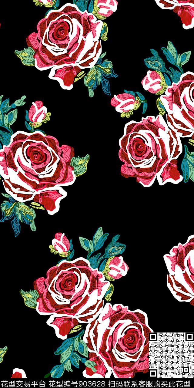 大花花卉玫瑰花传统印花华亿平台下载（图片编号: 903628） - 瓦栏（Walan）