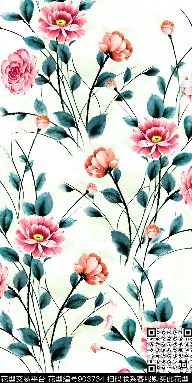 女装花卉手绘花卉数码印花华亿平台下载（图片编号: 903734） - 瓦栏（Walan）