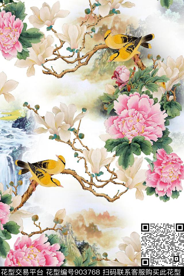 中国风工笔枝条国画数码印花华亿平台下载（图片编号: 903768） - 瓦栏（Walan）