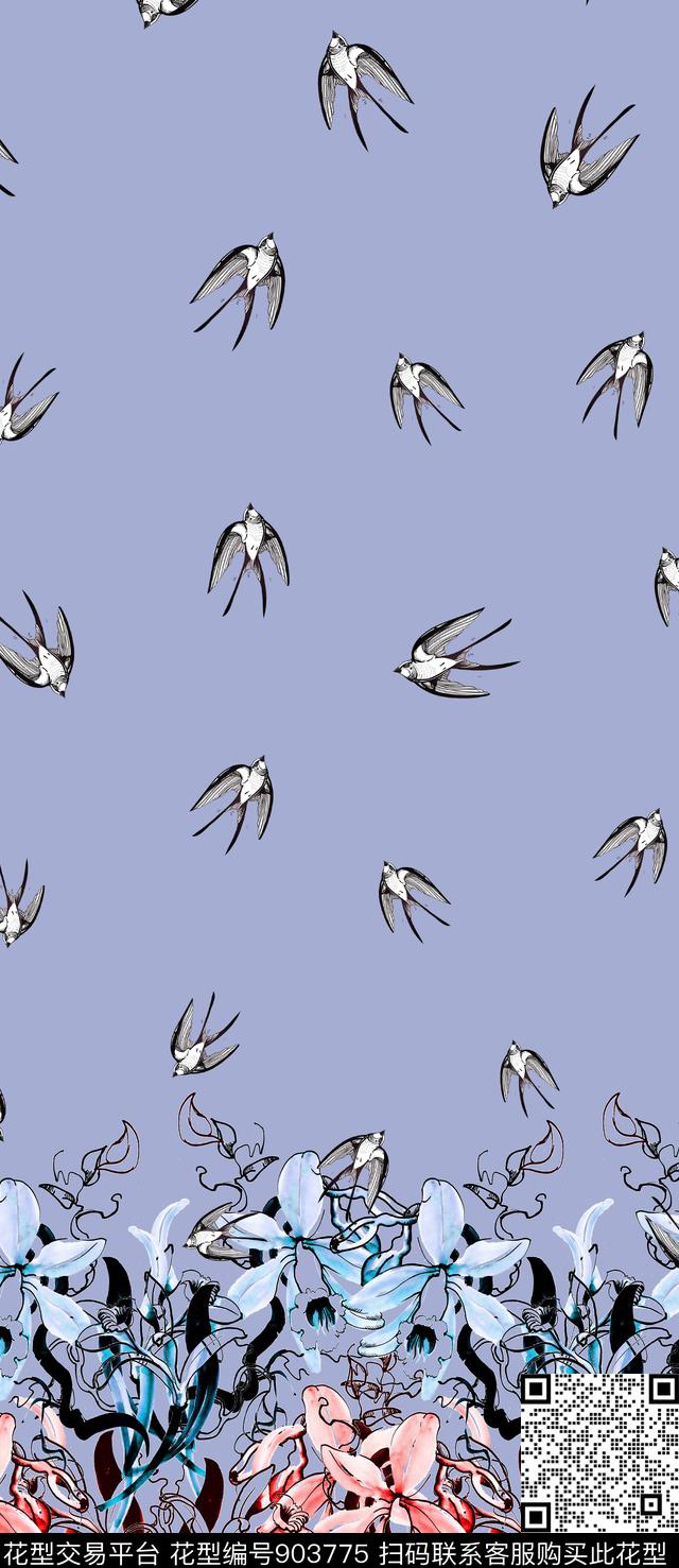 抽象花卉喜鹊数码印花华亿平台下载（图片编号: 903775） - 瓦栏（Walan）