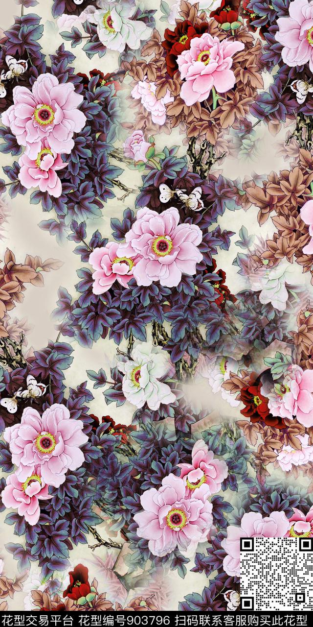 数码华亿平台花卉水墨风数码印花华亿平台下载（图片编号: 903796） - 瓦栏（Walan）