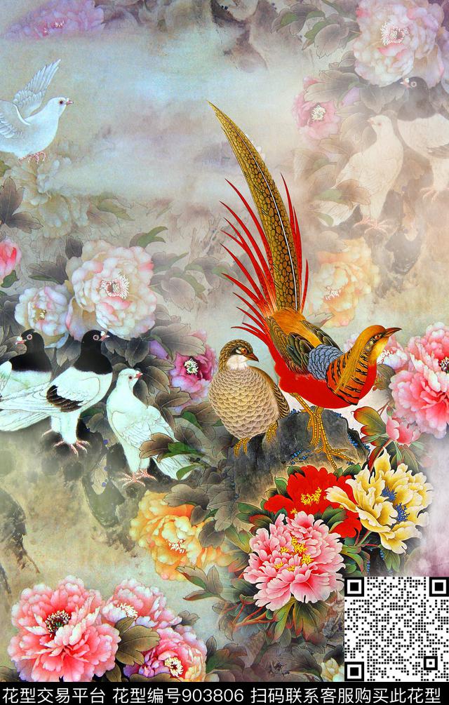 中国风定位花鸟牡丹数码印花华亿平台下载（图片编号: 903806） - 瓦栏（Walan）