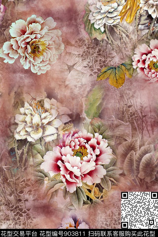 香云纱中国风牡丹数码印花华亿平台下载（图片编号: 903811） - 瓦栏（Walan）