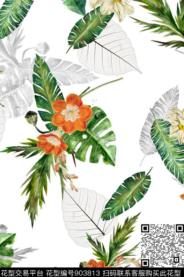 热带清爽底色花绿植树叶数码印花华亿平台下载（图片编号: 903813） - 瓦栏（Walan）