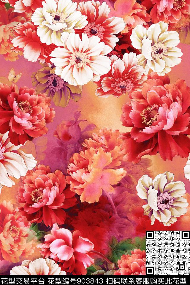 大花牡丹花卉数码印花华亿平台下载（图片编号: 903843） - 瓦栏（Walan）