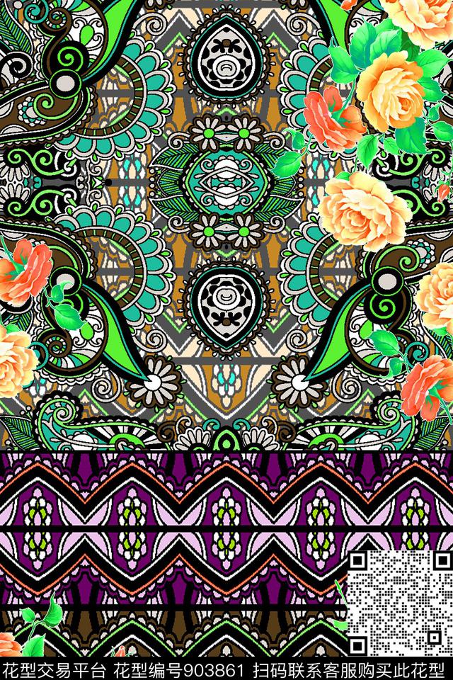 宫廷风民族花卉波西米亚数码印花华亿平台下载（图片编号: 903861） - 瓦栏（Walan）