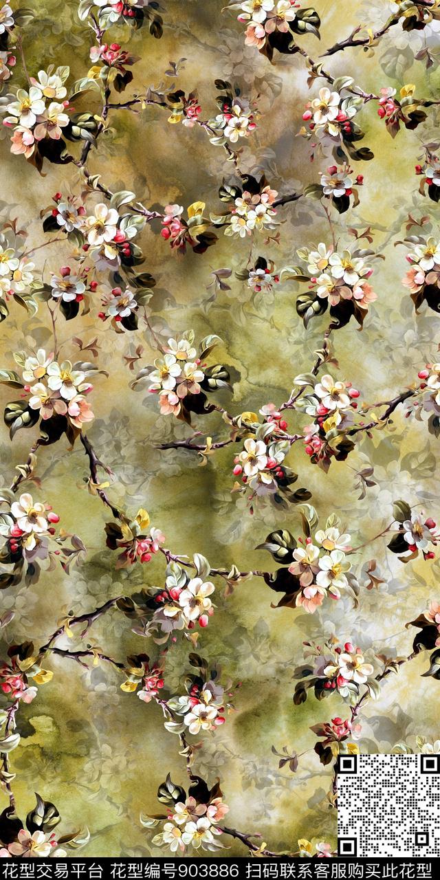 小碎花3D立体枝丫数码印花华亿平台下载（图片编号: 903886） - 瓦栏（Walan）