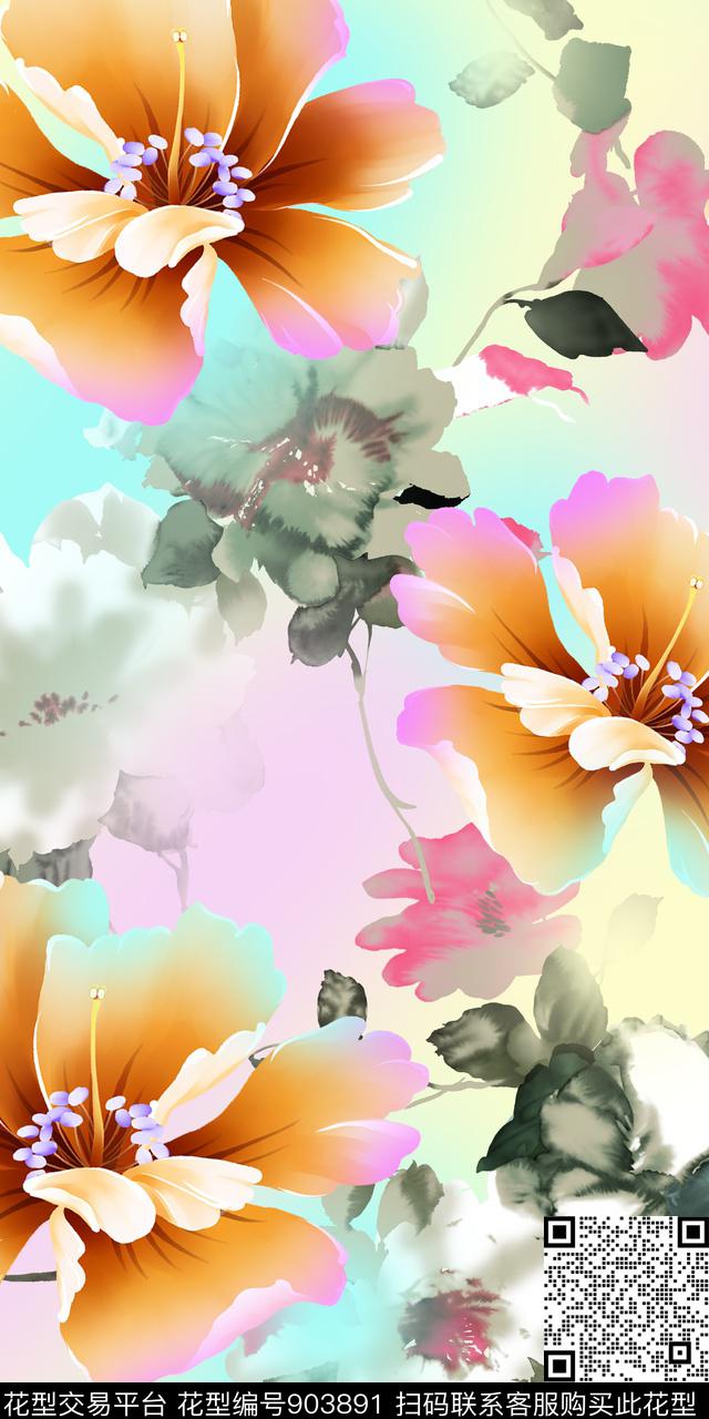 手绘大花花卉清爽底色花数码印花华亿平台下载（图片编号: 903891） - 瓦栏（Walan）