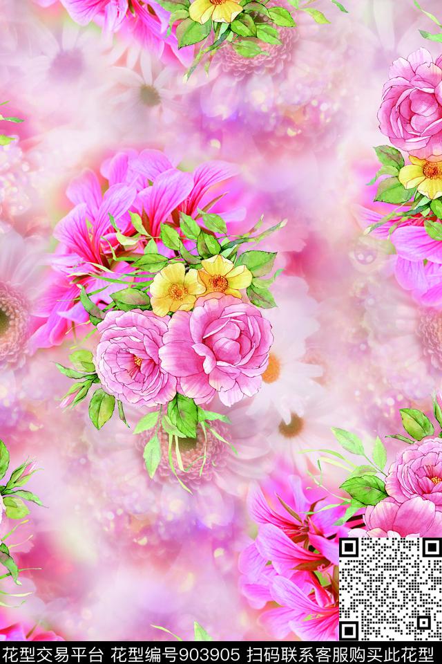 朦胧花卉手绘花卉数码印花华亿平台下载（图片编号: 903905） - 瓦栏（Walan）