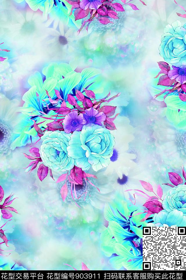 朦胧花卉手绘花卉数码印花华亿平台下载（图片编号: 903911） - 瓦栏（Walan）
