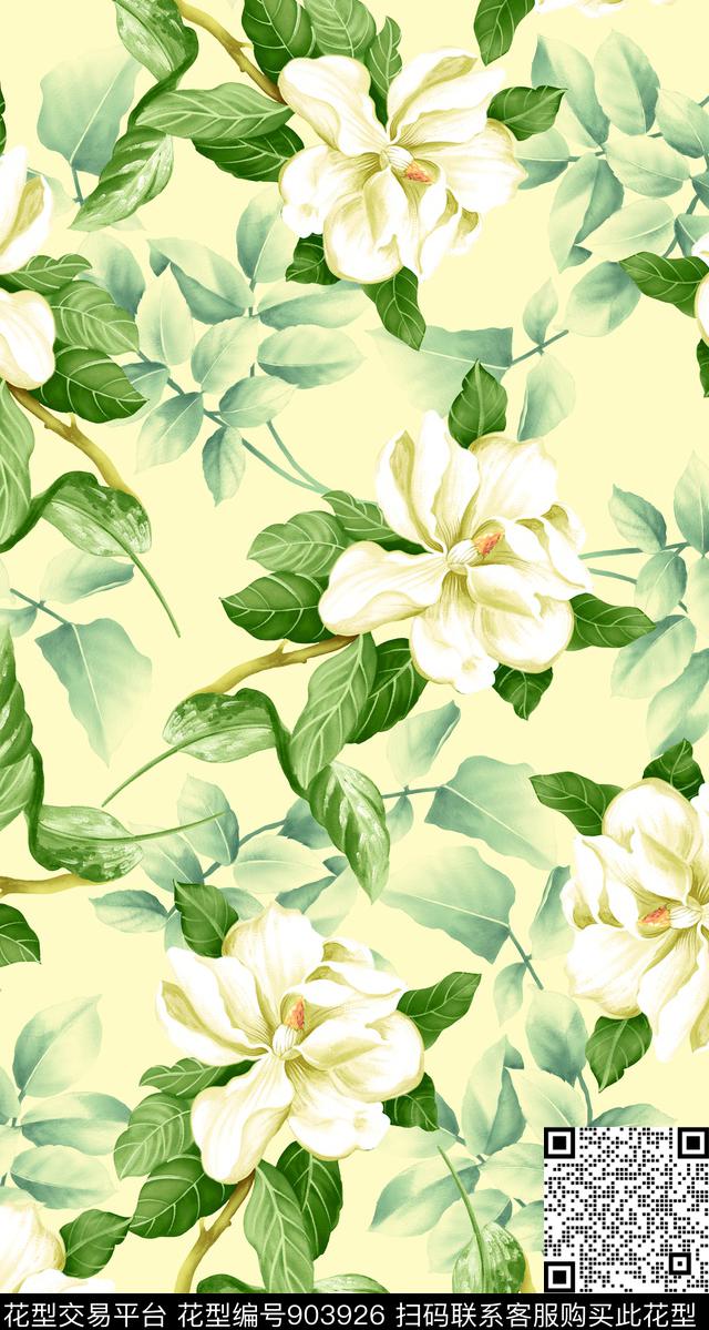 茉莉花大花花卉数码印花华亿平台下载（图片编号: 903926） - 瓦栏（Walan）