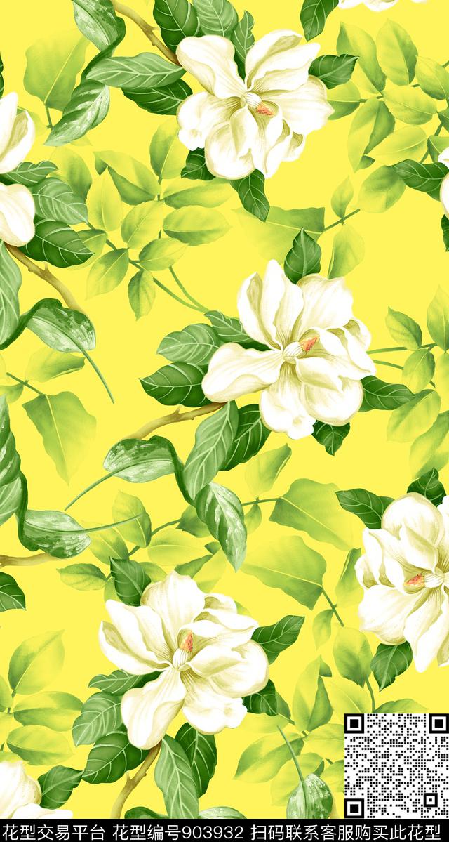 茉莉花大花花卉数码印花华亿平台下载（图片编号: 903932） - 瓦栏（Walan）