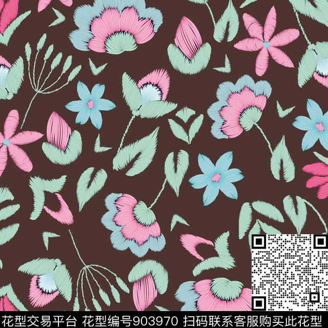 抽象绣花花卉数码印花华亿平台下载（图片编号: 903970） - 瓦栏（Walan）