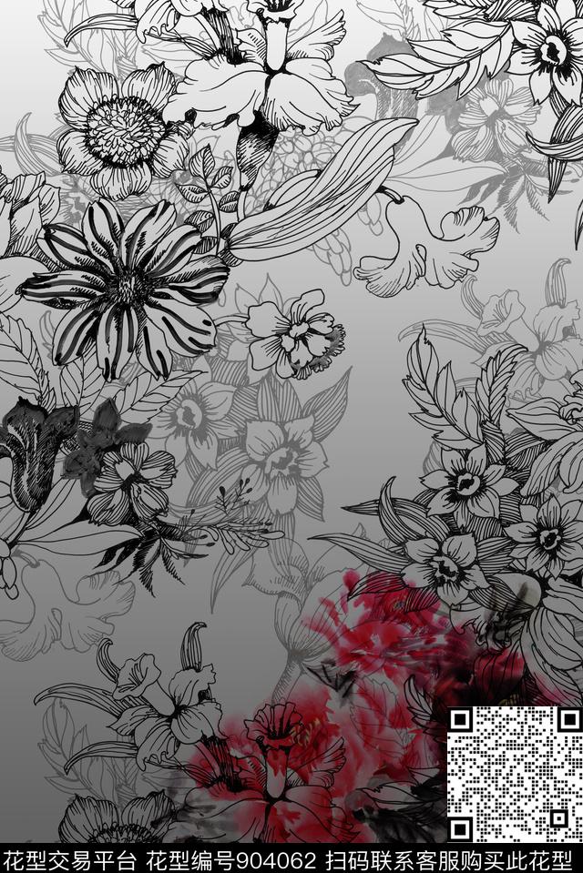 大花中国风花卉数码印花华亿平台下载（图片编号: 904062） - 瓦栏（Walan）
