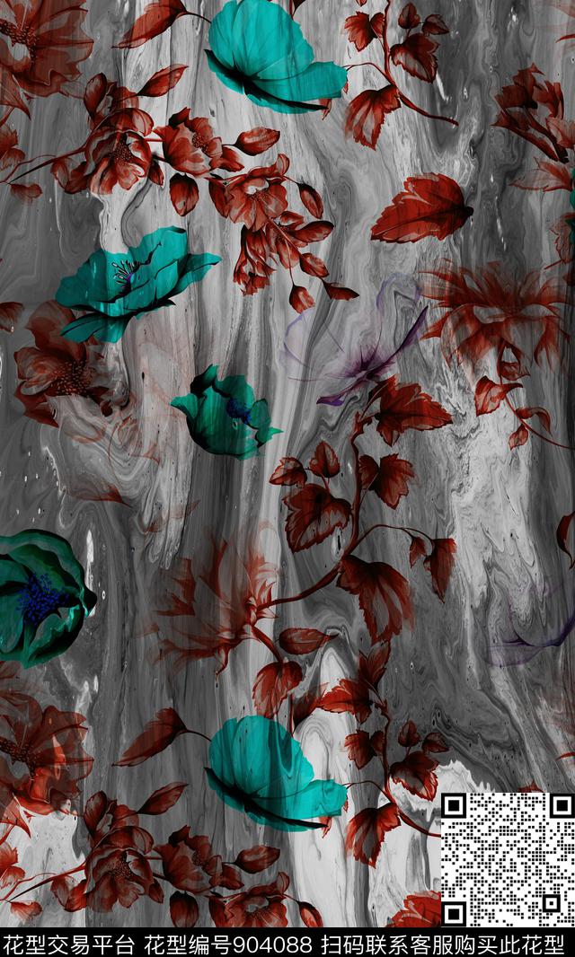 大花中国风花卉数码印花华亿平台下载（图片编号: 904088） - 瓦栏（Walan）