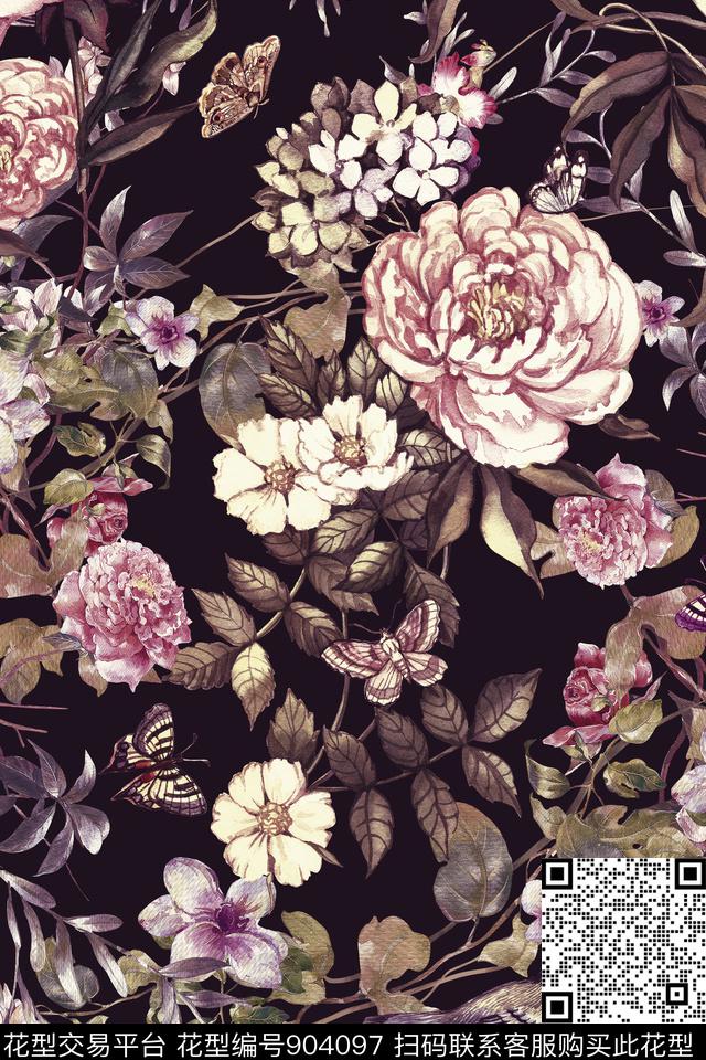 田园欧式手绘花满版数码花卉数码印花华亿平台下载（图片编号: 904097） - 瓦栏（Walan）