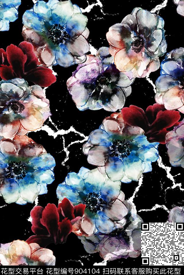 手绘花卉水彩花卉黑底花数码印花华亿平台下载（图片编号: 904104） - 瓦栏（Walan）