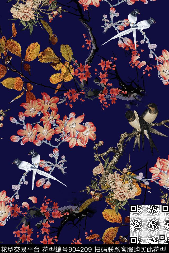 中国风枫叶复古鸟数码印花华亿平台下载（图片编号: 904209） - 瓦栏（Walan）