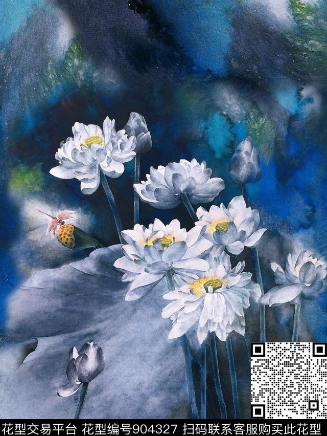 荷花旗袍国画数码印花华亿平台下载（图片编号: 904327） - 瓦栏（Walan）