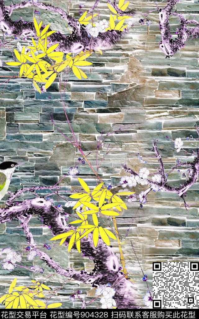 肌理中国风水墨风数码印花华亿平台下载（图片编号: 904328） - 瓦栏（Walan）