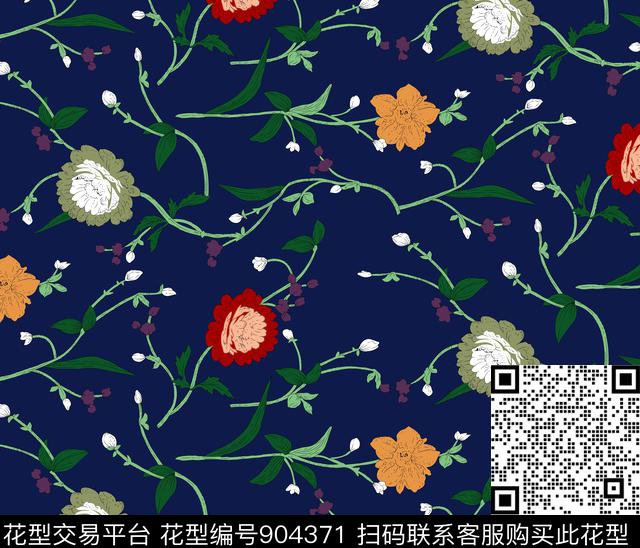 线条花卉几何花卉简单花卉传统印花华亿平台下载（图片编号: 904371） - 瓦栏（Walan）