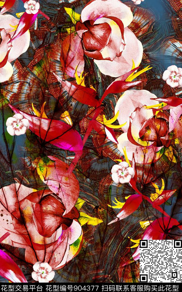中老年大花花卉数码印花华亿平台下载（图片编号: 904377） - 瓦栏（Walan）