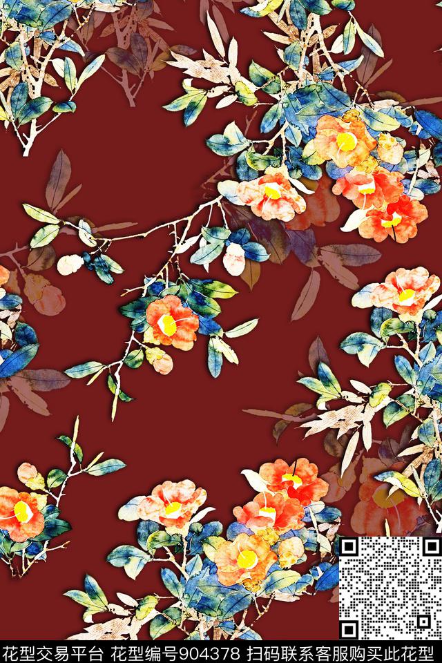 中国风定位花大花花卉数码印花华亿平台下载（图片编号: 904378） - 瓦栏（Walan）