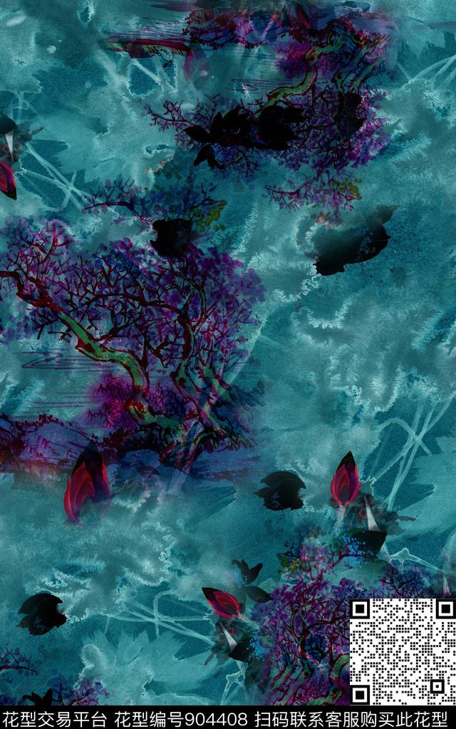 中老年中国风水墨风数码印花华亿平台下载（图片编号: 904408） - 瓦栏（Walan）